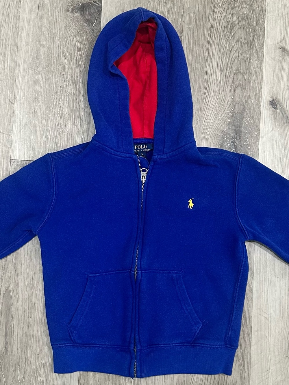 Polo Ralph Lauren Kids Blue Zip-Up Hoodie Size 6 | Red Hood Lining | Yellow Pony